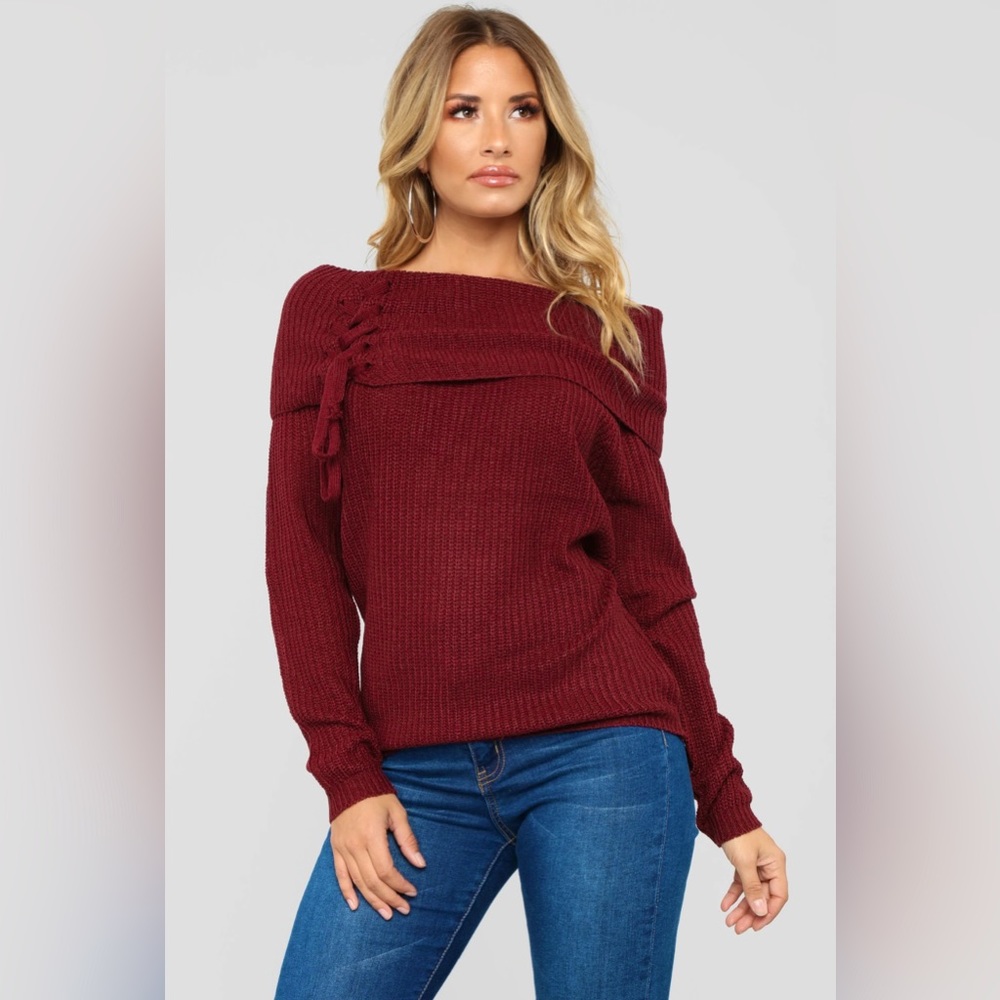Fashion Nova Burgundy Off Shoulder Lace Up Sweater